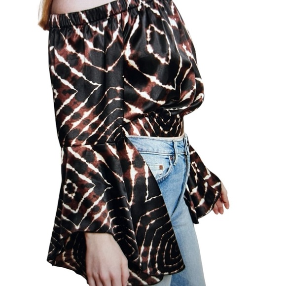 Y2K Boho Off Shoulder Stain Bell Sleeve Chocolate Brown Black Animal Print Large - Picture 9 of 11